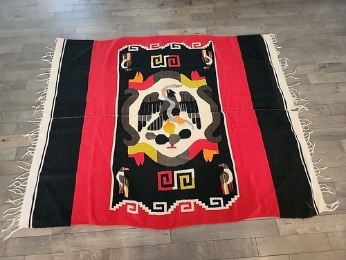 VINTAGE MEXICAN WOOL CHIMAYO BLANKET RUG 70" X 56" AS IS