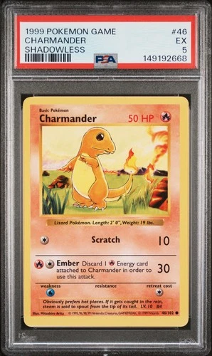 1999 POKEMON BASE SET SHADOWLESS #46 CHARMANDER PSA 5