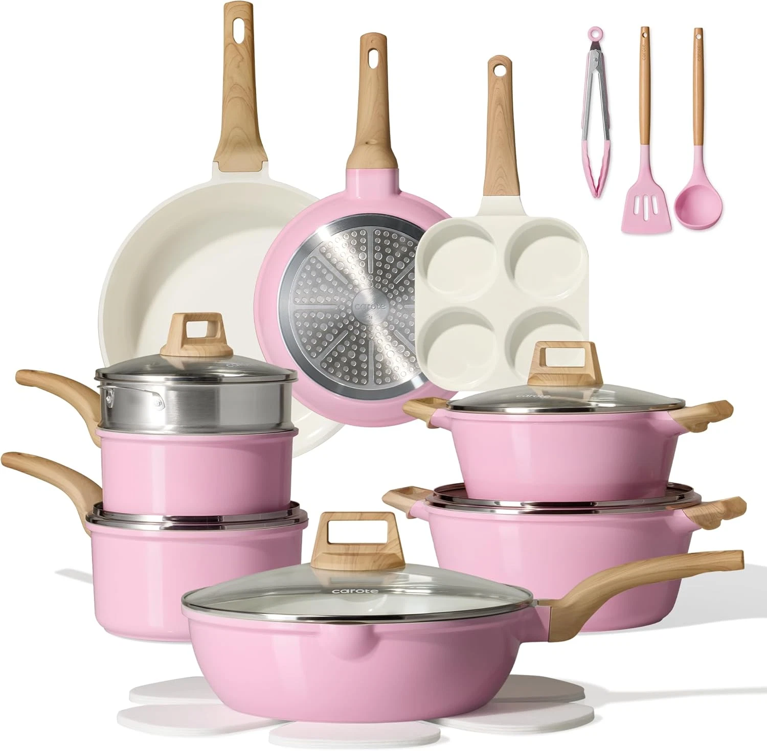 21 PCS Pink Ceramic Non-Stick Cookware Set, Induction Ready Pots & Pans