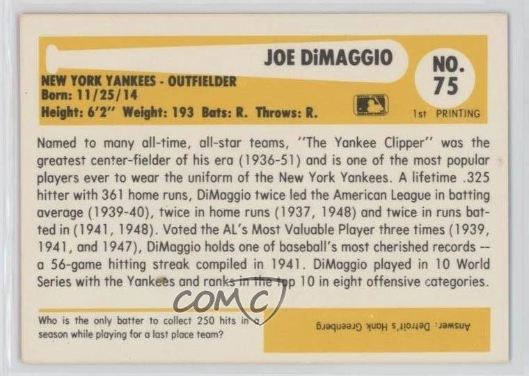 1980-84 SSPC Baseball Immortals 1st Printing MLB Logo Joe DiMaggio #75 HOF - Image 2 of 2