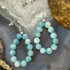 Sterling Silver Larimar Beads Hoop Dangle Earrings For Women