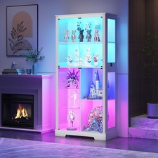 71" Glass Display Cabinet with RGB Lights 7-Tier Curio Case Glass Doors Figures