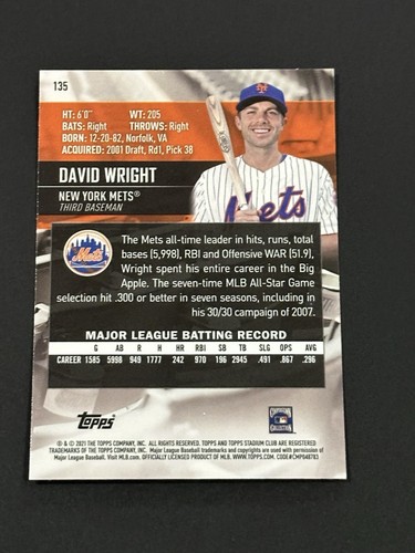 2021 Topps Stadium Club Chrome David Wright #135 New York Mets (R) - Bild 2 von 2