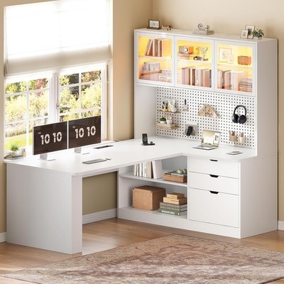 L Shaped Computer Desk with LED Light, Corner Gaming Desk w/3 Drawers &Bookshelf