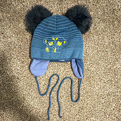 AGBO Teddy Bear Trapper Hat Ear Flaps Pom Pom Striped Blue/Black Size 31