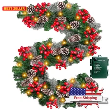 Timer 8 Mode - 9Ft by 10 Inch Prelit Christmas Garland with 50 Warm