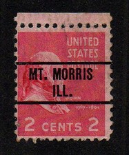 USA, SCOTT #806, PRECANCEL MOUNT MORRIS, ILLINOIS, TYPE 734, JOHN ADAMS 1938