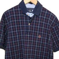 VTG TOMMY HILFIGER Polo L Plaid Pique 90s Red Blue Crest Preppy Y2K Golfcore