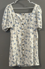 NWT Old Navy White & Blue Floral Linen Blend Dress With Puff Sleeves Size M