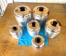 VTG 50s Kromex Spun Aluminum  6 Pc Canisters Copper Lids Sugar Cookies Flour EUC