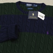 VTG Polo Ralph Lauren Sweater Mens XXL Chunky Cableknit Tartan Stripe Navy Pony