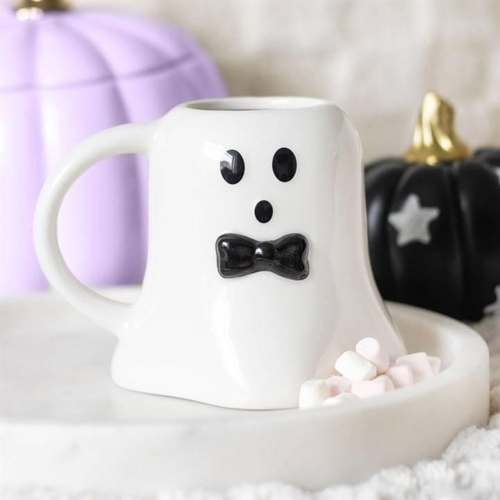 Mr Boo Ghost Shaped Halloween Mug with Bow Tie. Novelty Mug.