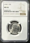 1943 25C Washington Quarter NGC Mint State MS65