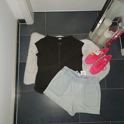 Neu Set Outfit Sommer M L 42 44 esprit blusenshirt dunkelgrau Jeans shorts Top