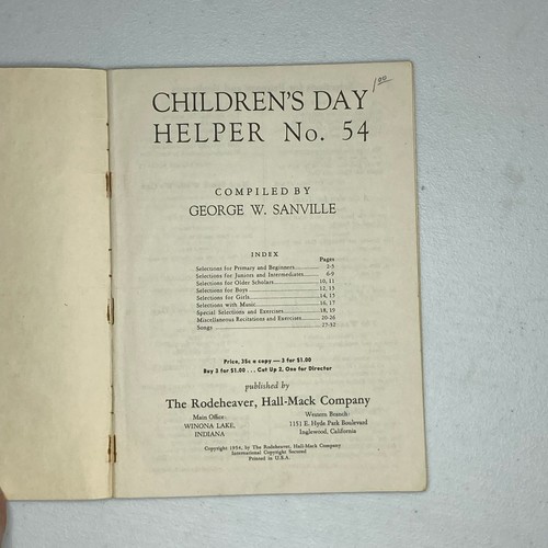 Ayudante de Día Infantil Nº Libro de 54 partituras Rodeheaver George Sanville 1954 - Imagen 2 de 6
