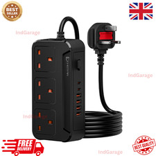 Surge Protected Extension Lead 4 USB 6 Gang Way Socket UK Mains Plug 2M Cable