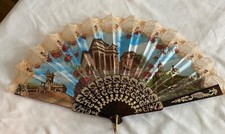 Vintage Souvenir Hand Fan Spain dating 1970 Spanish Architecture  Roses Lace
