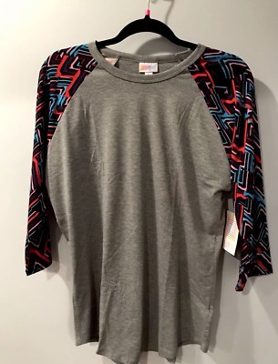 Lularoe Randy Top L Gray Raglan Geometric 3/4 Sleeve Stretch Tee NWT Randy