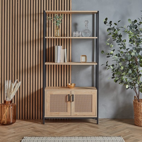 Rattan Bookcase Shelving Display Storage Bookshelf Wood Effect | VonHaus - Picture 2 of 7