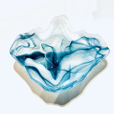 Vintage Blue Swirl Glass Half Shell Dish Ocean Waves