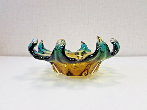 Murano amber and green empty pocket glass dish tray A1 perfect 7.5" diameter - Picture 3 of 4