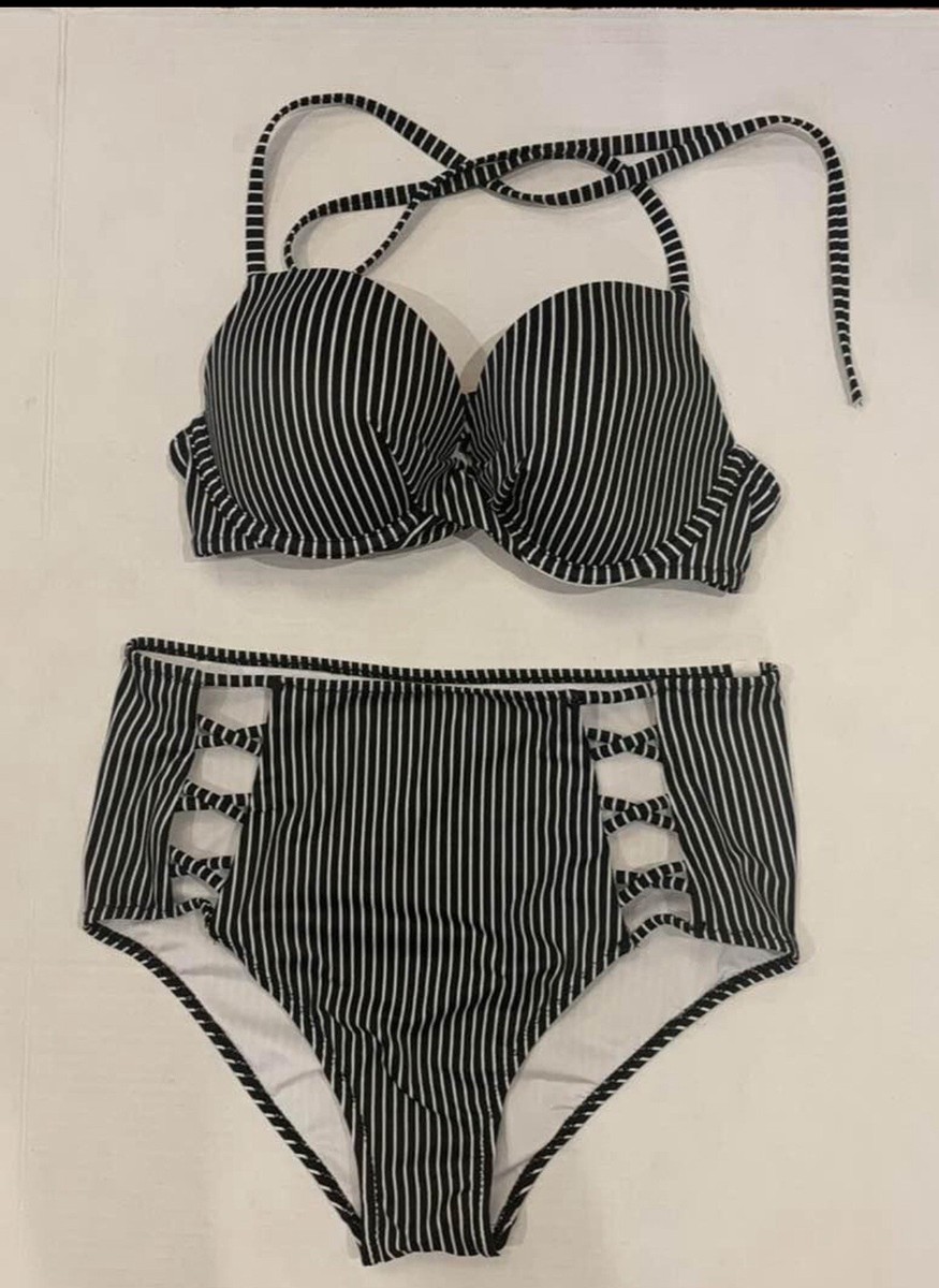 Shade and Shore Two Piece Black and White Striped Halter Bikini