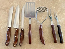 VTG CUTCO SET OF 7 Orange Swirled Handled KNIVES - 14, 16, 22, 23, 25, 26, 27