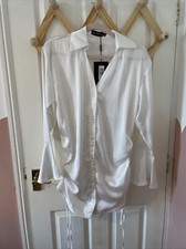 BNWT PRETTYLITTLETHING White Ruching Flare Sleeve Satin Shirt Dress, Size 10