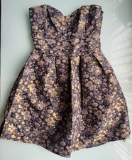 Size 10 UK BEAUTIFUL JACQUARD GOLD GREY MINI PROM DRESS w/ netting