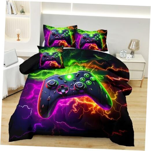 Full Gamer Bedding Sets for Boys Teen, 4 Piece Full Size Full-4pcs Purple
