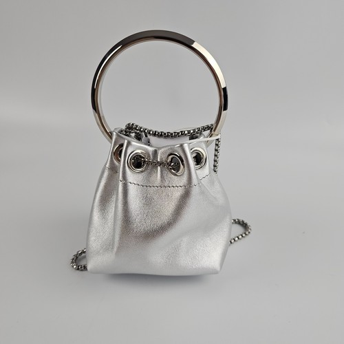 JIMMY CHOO Bon Bon Micro $950 Silver Metallic Nappa Leather Top Handle Bag New