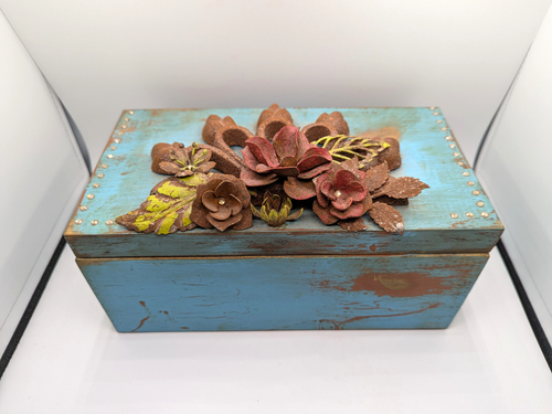 Consuela Rustic Shabby Chic Turquoise Wooden Trinket Box with Flower Decor