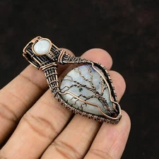 Rainbow Moonstone Stone Copper Wire Wrapped Tree Of Life Crown Chakra Pendant