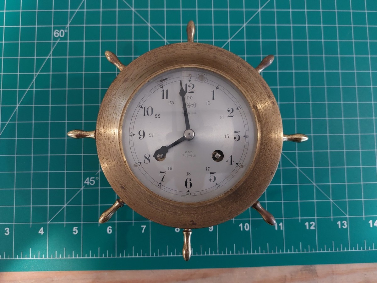 Antique SCHATZ Ships Bell Cock 8 day 7 jewels Works Ticks Chimes