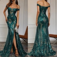 Green Sequin Satin Off-Shoulder Maxi Dress with Front Slit Sleeveless