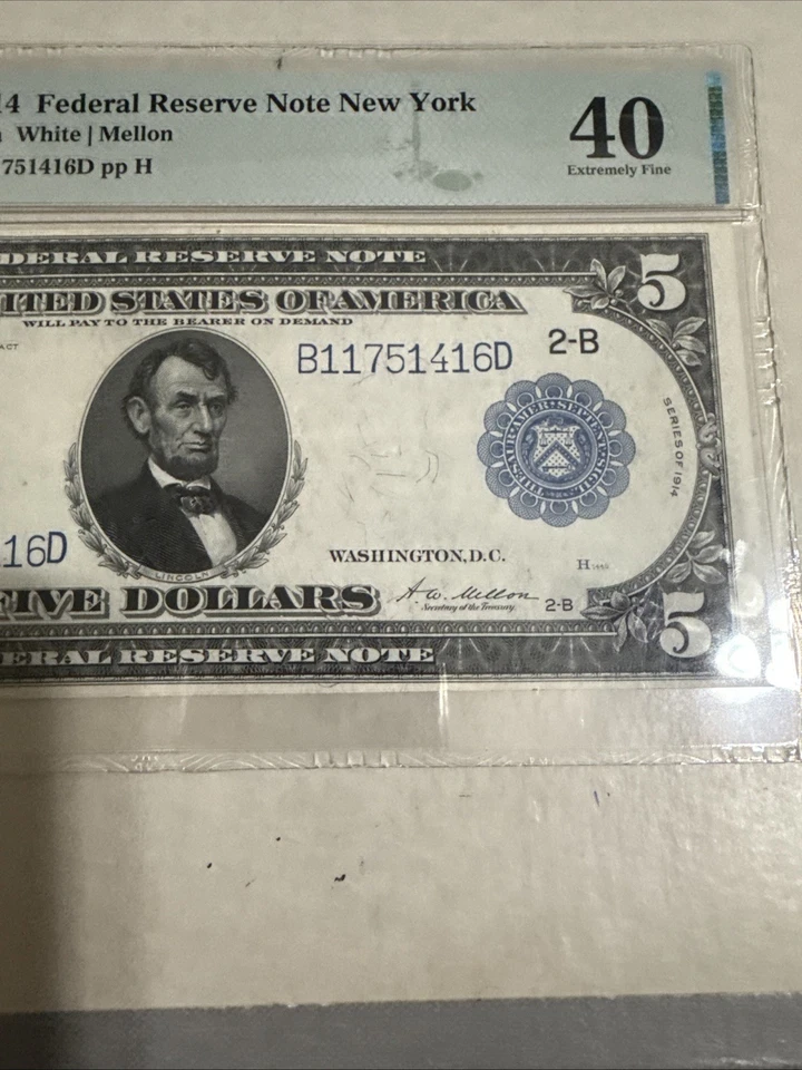 1914 $5 Federal Reserve Note New York PMG 40 Fr#851a White/Mellon SN B11751416D - Image 3 of 4