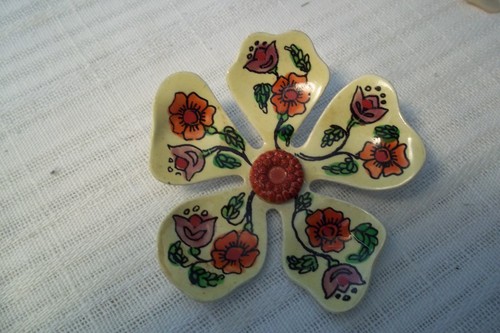 Vintage West Germany 5-Petal Flower Enamel Painted Metal Floral Brooch