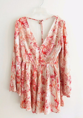 Anthropologie ArkCo Python Romper Size S Pink Bell Sleeve Animal Print Tie Back