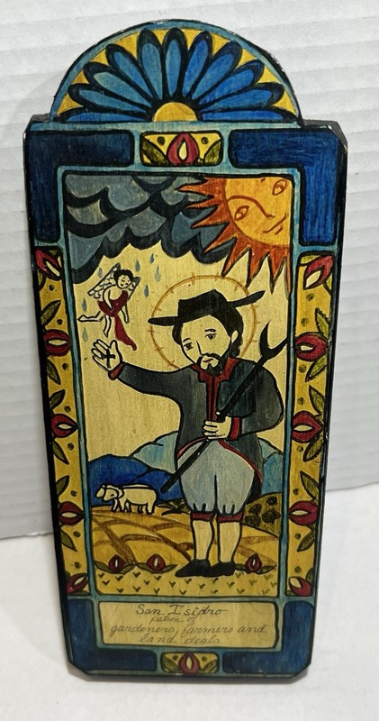 San Isidro Religious Saint Farmers Gardeners Land Deals Wood Plaque  8"x3"
