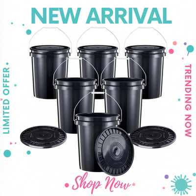 6 Pack 5 Gallon Heavy Duty Buckets with Snap On Lids Food Grade Black