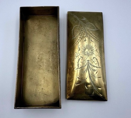 Antique Brass 7” Tobacco Box 19th C. Decorative Rare Insect Inscription Scenes