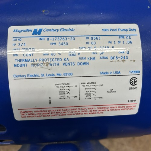 Electric Motor 3/4 HP 230/115V Century Electric USA Pool Pump Spa