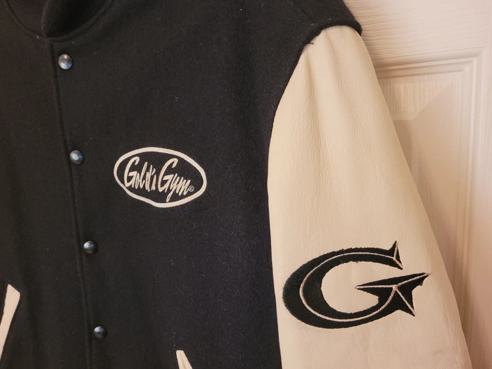 Chaqueta Universitaria Vintage Gold's Gym Cuero Lana Negro Crema EE. UU. Para Hombres Grande Foto 3 de 4