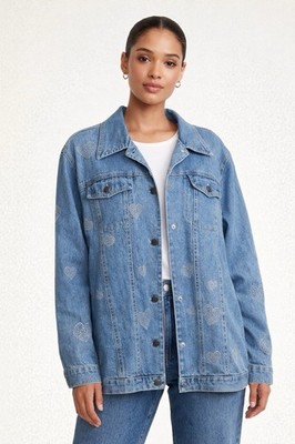 Denim Jacket M Rhinestone Hearts Light Wash Trucker Y2K Coquette Casual Glam