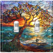 Metal Light Switch Outlet Cover Wall Plate Image of Stained Glass Tree EGS102