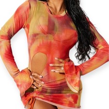 Fashion Nova Olivia Cut Out Mesh Cover Up Dress 1X NWT Orange Ruched Beach