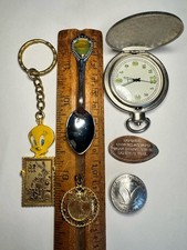 Vintage Collectibles Estate Lot: Pocket Watch, Keychains, Souvenir Spoon, Coin