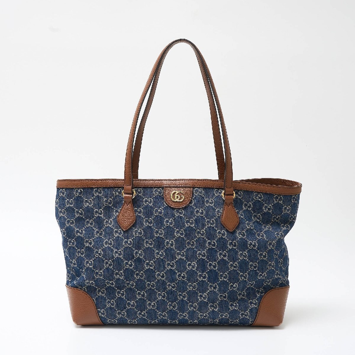 GUCCI Ophidia GG Medium Tote Shoulder Bag in Jacquard Denim and Leather