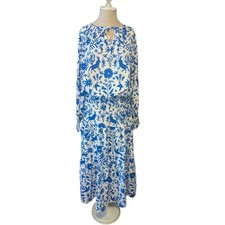 Wayward Fancies eShakti Blue White Otomi Print Maxi Dress Long Sleeve Tiered