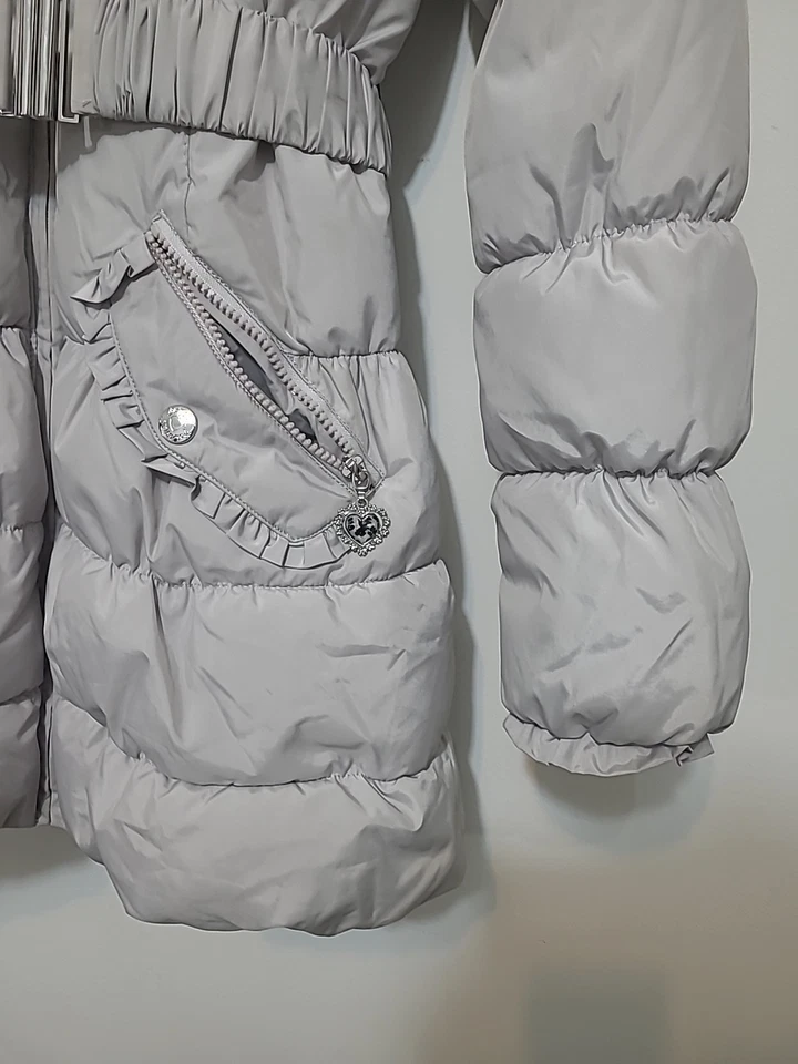 Mujeres Betsy Johnson Abrigo Largo Puffer Quited S Chaqueta Cinturón Volantes Gris PLATEADO Foto 2 de 4